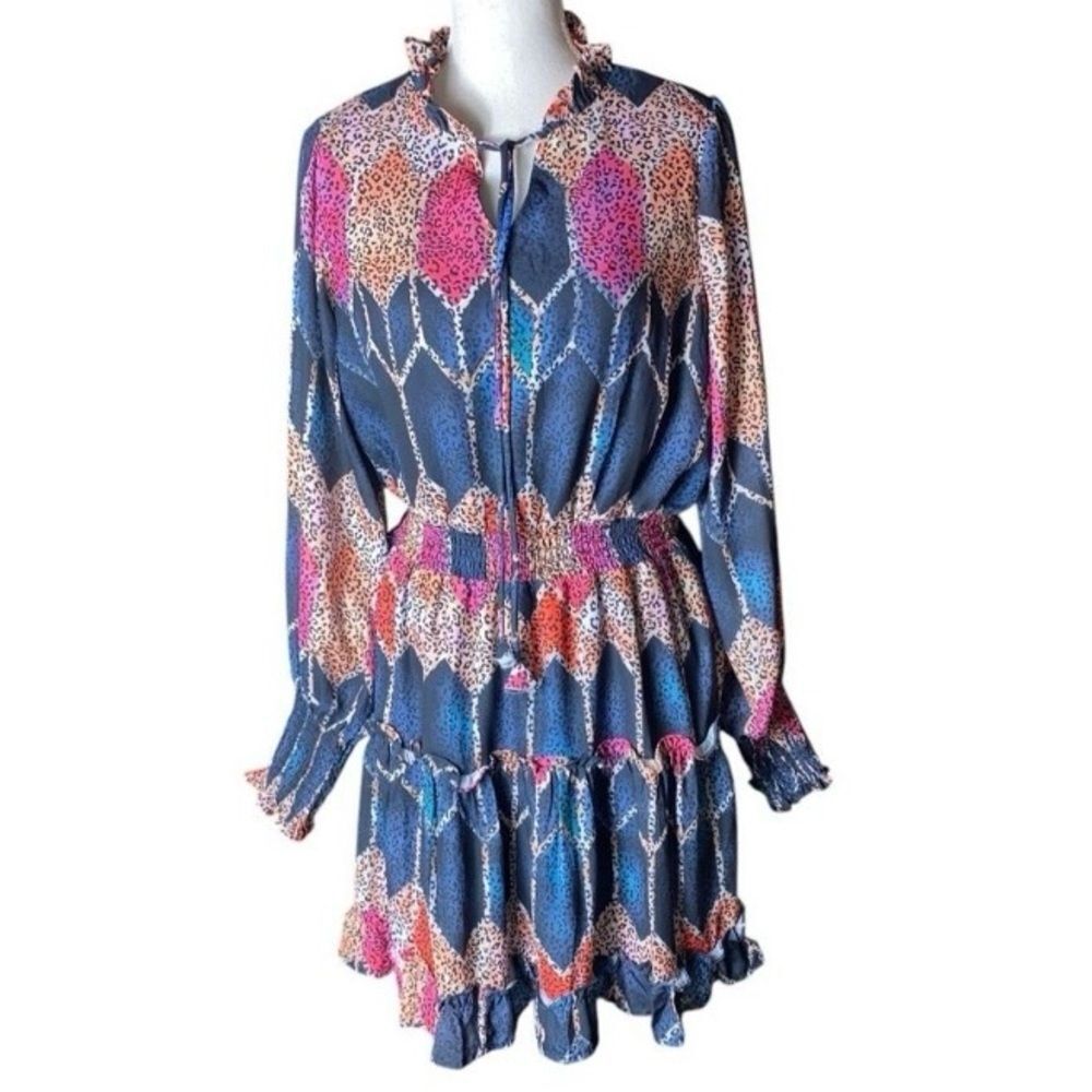 Mulla Vibrant Animal Print Light Cinched Waist High Ruffle Neck Mini Dress Wms S